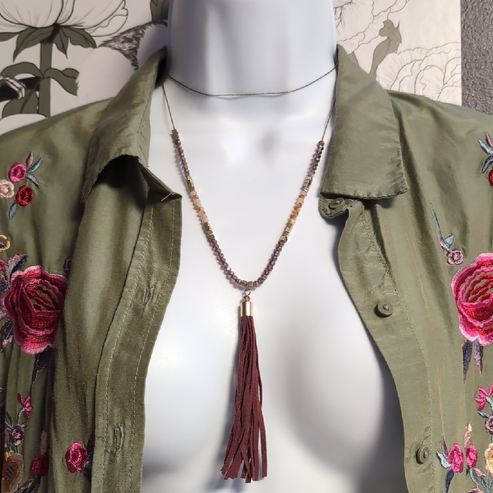 Crystal & Leather Tassel Cable Necklace